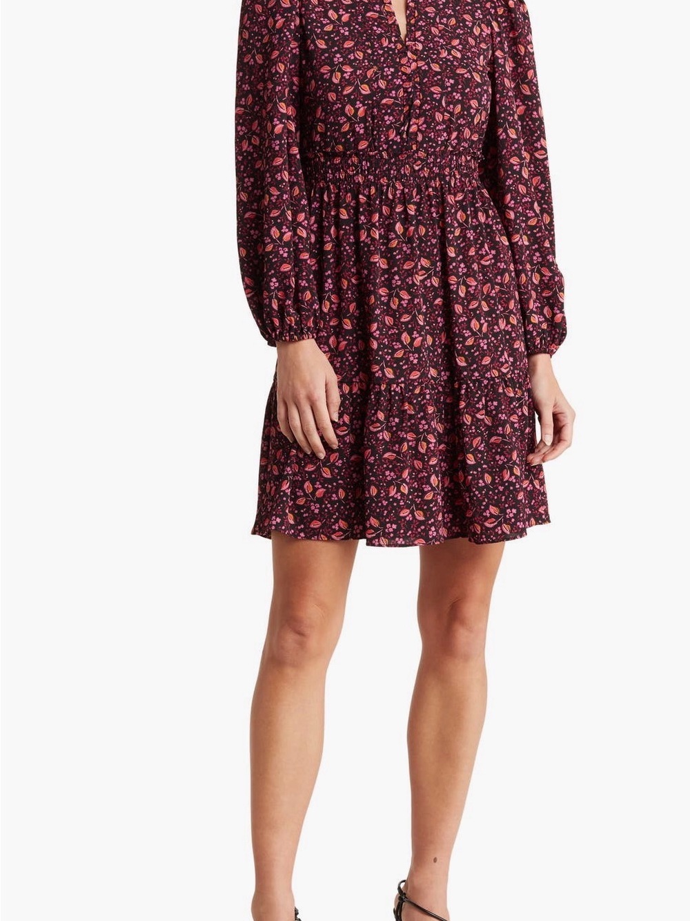 London Times Women's Pink Floral Long-Sleeve Smocked Waist Ruffle Dress